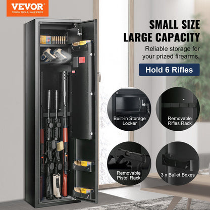 VEVOR 6 Gun Safe, Gun Security Cabinet with Fingerprint & Digital Keypad Lock, Gun Storage Cabinet with Built-in Storage Locker and Removable Storage Shelf for Pistols & Home Long Gun